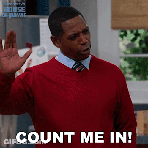 A Man Wearing A Red Sweater And Tie Says " Count Me In " GIF