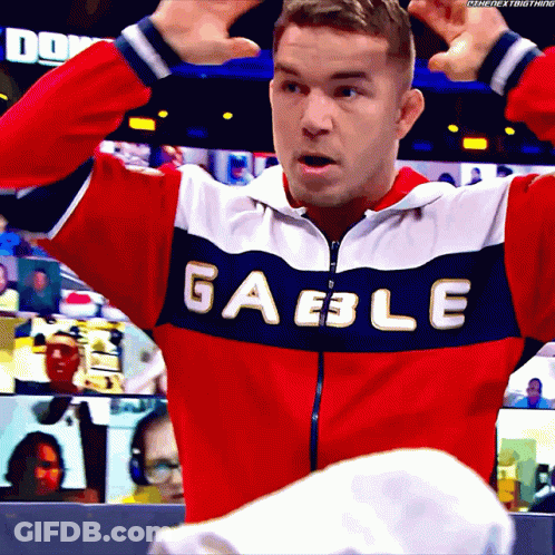A Man Wearing A Red White And Blue Jacket That Says Gaeble On It GIF