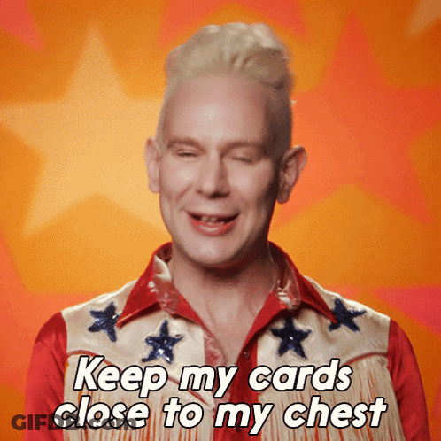 A Man Wearing A Red White And Blue Shirt Says Keep My Cards Close To My Chest GIF