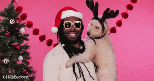 A Man Wearing A Santa Hat And Sunglasses Holds A Dog With Reindeer Antlers GIF