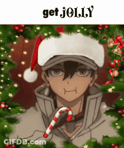 A Man Wearing A Santa Hat Is Holding A Candy Cane GIF