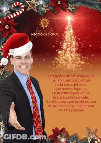 A Man Wearing A Santa Hat Is Shaking Someones Hand GIF