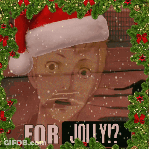 A Man Wearing A Santa Hat Is Surrounded By Christmas Decorations And The Words For Jolly GIF