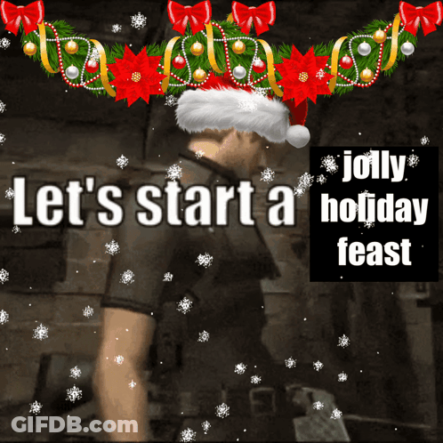 A Man Wearing A Santa Hat With The Words Let 'S Start A Holiday Feast GIF