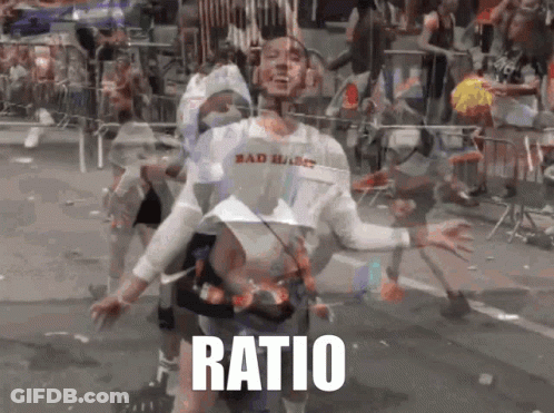 A Man Wearing A Shirt That Says Bad Habits Is Dancing In Front Of A Crowd And The Word Ratio Is Visible GIF