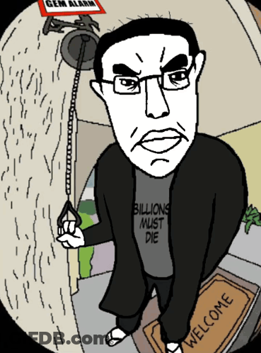 A Man Wearing A Shirt That Says Billions Must Die Is Standing Next To A Welcome Mat GIF