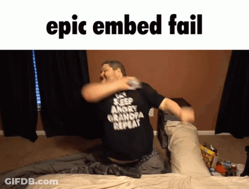A Man Wearing A Shirt That Says " Epic Embed Fail " Is Laying On A Bed GIF