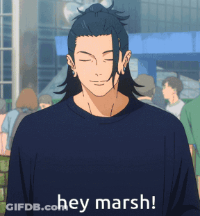 A Man Wearing A Shirt That Says Hey Marsh On It GIF