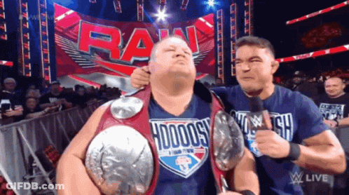 A Man Wearing A Shirt That Says ' Hodogs ' On It Is Being Held By Another Man GIF