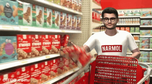 A Man Wearing A Shirt That Says Narmol Pushes A Shopping Cart GIF