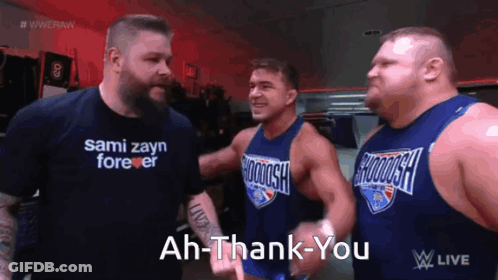 A Man Wearing A Shirt That Says Sam Zayn Forever Is Standing Next To Two Other Men GIF