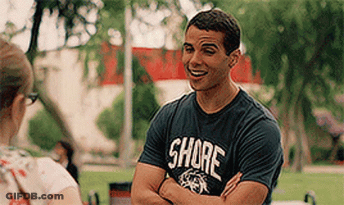 A Man Wearing A Shirt That Says Shore Is Talking To A Woman . GIF