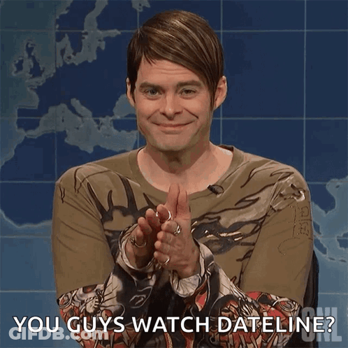 A Man Wearing A Shirt That Says " You Guys Watch Dateline " GIF