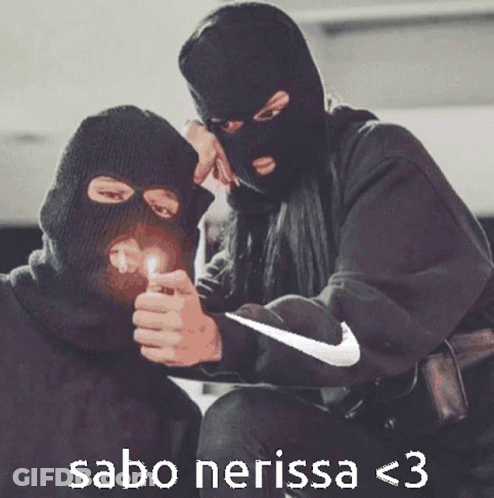 A Man Wearing A Ski Mask Lighting A Cigarette Next To A Woman Wearing A Nike Shirt GIF