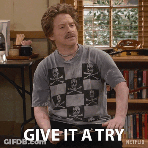 A Man Wearing A Skull And Crossbones Shirt Is Sitting In Front Of A Bookshelf And Says Give It A Try GIF