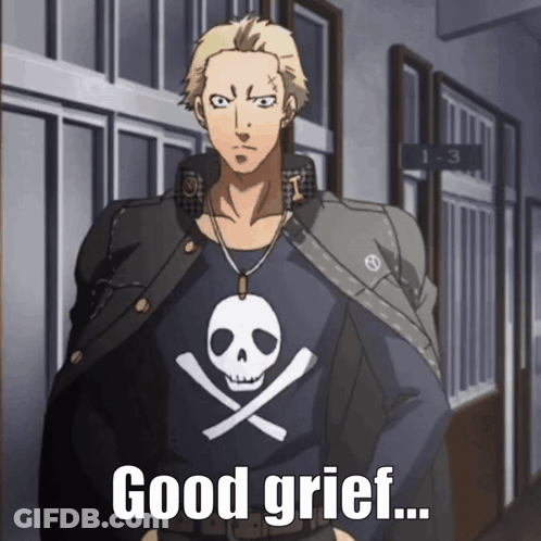 A Man Wearing A Skull And Crossbones Shirt Is Standing In A Hallway And Says Good Grief GIF