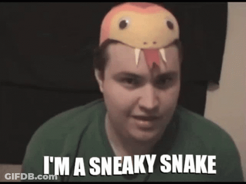 A Man Wearing A Snake Mask On His Head Says I 'M A Sneaky Snake . GIF