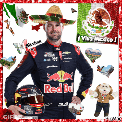 A Man Wearing A Sombrero And A Red Bull Jacket Holds A Helmet GIF