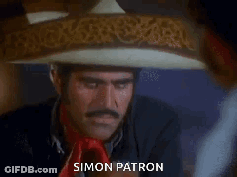A Man Wearing A Sombrero Is Drinking From A Glass And The Name Simon Patron Is On The Bottom Right GIF