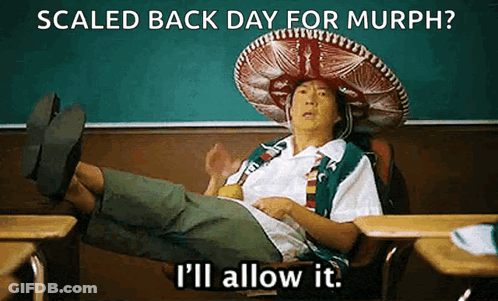 A Man Wearing A Sombrero Is Sitting In A Classroom With His Feet Up And The Words Scaled Back Day For Murph . GIF