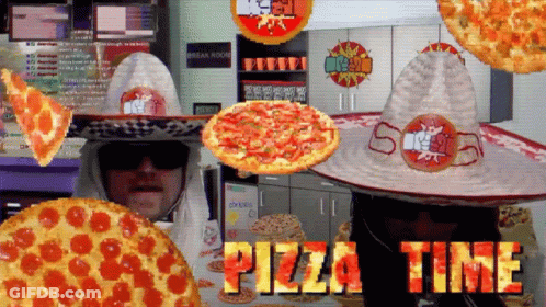 A Man Wearing A Sombrero Is Surrounded By Pizzas And The Words Pizza Time Are Visible GIF