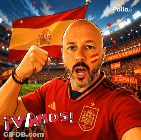 A Man Wearing A Spain Jersey With The Word Vamos On It GIF