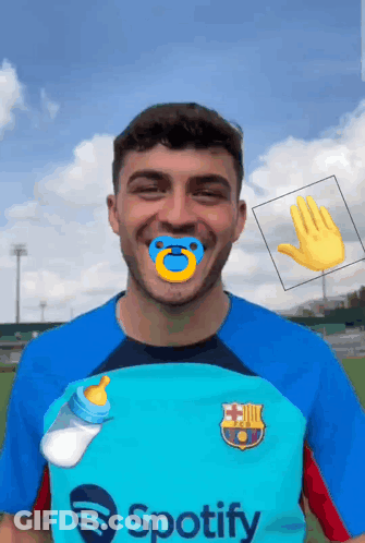 A Man Wearing A Spotify Shirt With A Pacifier And A Bottle GIF