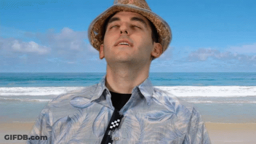 A Man Wearing A Straw Hat And A Hawaiian Shirt Stands On A Beach GIF