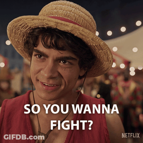 A Man Wearing A Straw Hat And A Red Shirt Says " So You Wanna Fight " GIF