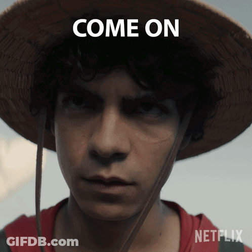A Man Wearing A Straw Hat With The Words Come On Written Above Him GIF