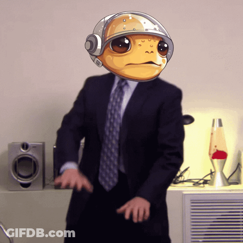A Man Wearing A Suit And Tie With A Cartoon Face On His Head GIF