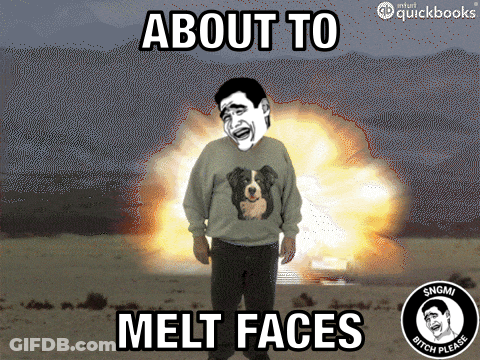 A Man Wearing A Sweater With A Dog On It Is Standing In Front Of An Explosion With The Words About To Melt Faces GIF