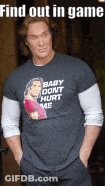 A Man Wearing A T-Shirt That Says " Baby Dont Hurt Me " GIF
