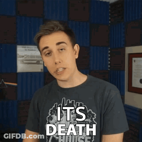 A Man Wearing A T-Shirt That Says " Its Death " GIF
