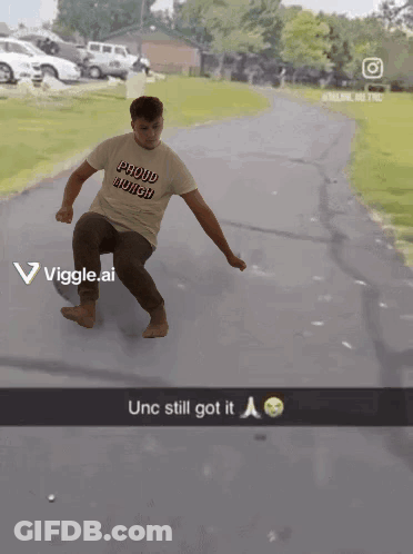 A Man Wearing A T-Shirt That Says Proud Nugget Is Riding A Skateboard GIF