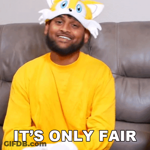 A Man Wearing A Tails Hat Is Sitting On A Couch With The Words It 'S Only Fair Below Him GIF