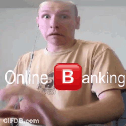 A Man Wearing A Tan Shirt With A Red Button That Says Online Banking On It GIF