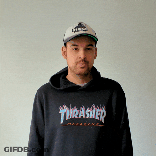 A Man Wearing A Thrasher Hoodie And A Hat GIF