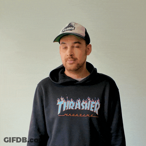 A Man Wearing A Thrasher Magazine Hoodie And A Hat GIF