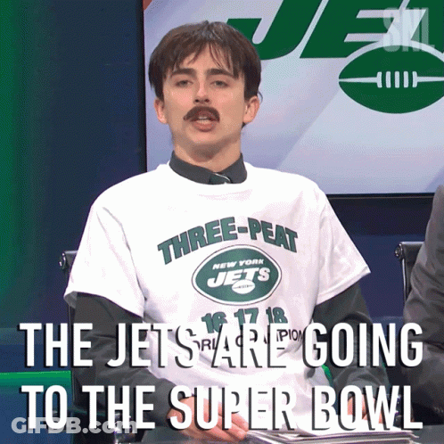 A Man Wearing A Three-Peat New York Jets T-Shirt GIF