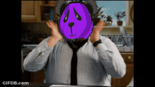 A Man Wearing A Tie Has A Purple Panda Mask On His Face GIF