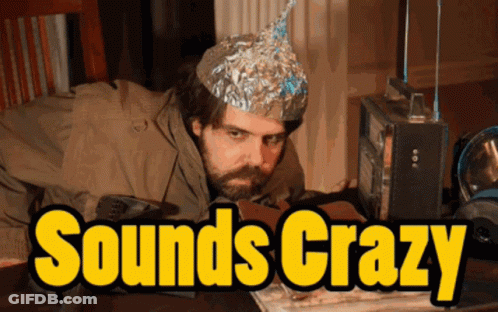 A Man Wearing A Tin Foil Hat Sits At A Table With The Words " Sounds Crazy " In Yellow Letters GIF
