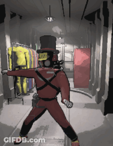 A Man Wearing A Top Hat And A Gas Mask Is Standing In A Hallway GIF
