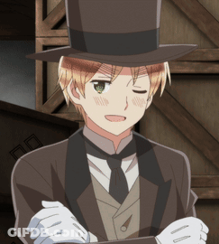 A Man Wearing A Top Hat And Gloves Looks At Something GIF
