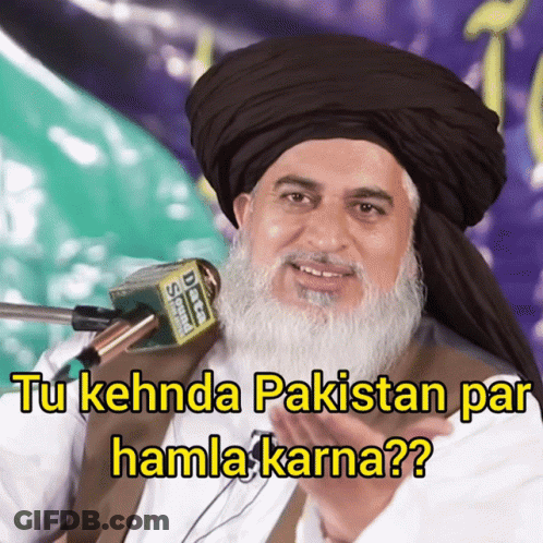 A Man Wearing A Turban Speaking Into A Microphone With The Words Tu Kehnda Pakistan Par Hamla Karna Written Below Him GIF