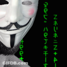 A Man Wearing A V For Vendetta Mask Has Green Writing On The Side Of His Face GIF