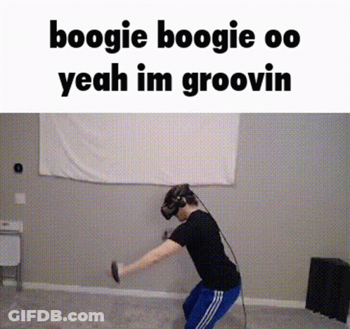 A Man Wearing A Virtual Reality Headset Is Doing A Boogie In A Room . GIF