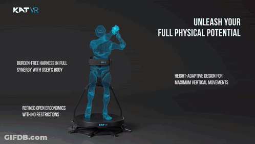 A Man Wearing A Virtual Reality Headset Is Standing In A Room With Katvr Written On The Bottom GIF