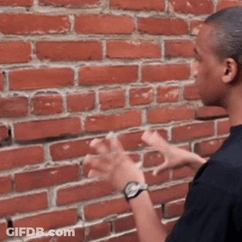 A Man Wearing A Watch Is Standing In Front Of A Brick Wall With His Hands In The Air . GIF
