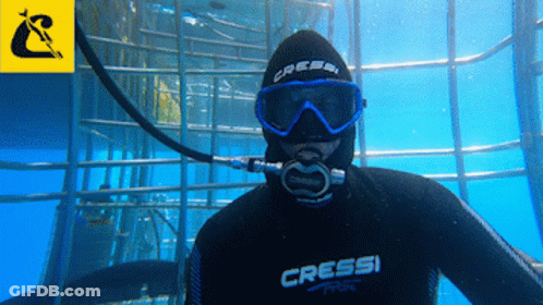 A Man Wearing A Wetsuit That Says Cressi On The Front GIF